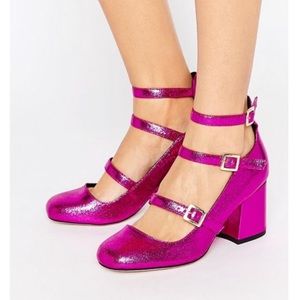 Hot pink multi strap block heels